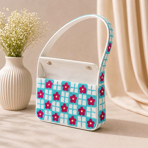 Bolso Rectangular Lavable Hecho a Mano con Bordado de Flores Rosas sobre Patrón de Cuadros Azules, Textil de Poliéster para Uso Diario - Product Image 1