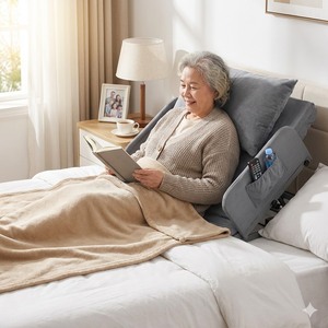 Electric <b>Bed</b> With Adjustable <b>Backrest</b> Gray Steel Frame <b>For</b> Elderly Care Bedroom Use - Product Image 5