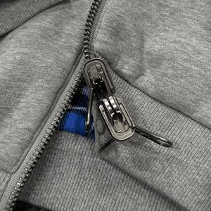 신상품 캐주얼 빈티지 레트로 블루 체크무늬 패치워크 디자인 양면 지퍼 후드티 - Product Image 6