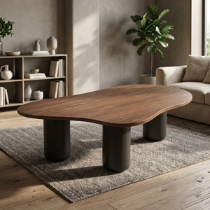 Table basse vintage avec plateau en bois de forme organique et pieds cylindriques épais, style Mid-Century Modern, meuble de salon, objet de décoration - Product Image 6