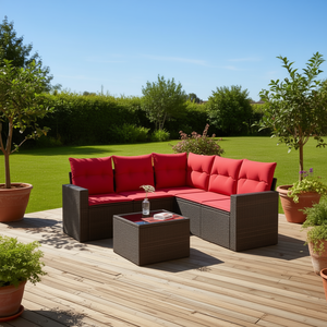 Ensemble de canapés de patio en polyrotin marron avec coussins, meubles d'extérieur durables pour 6 personnes, style contemporain - Product Image 2