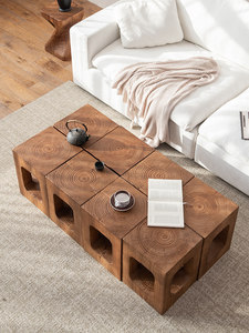 Square Solid Wood Coffee Table Wabi-Sabi Inspired 360 <b>Rotation</b> Ornamentation Deep Texture Cutout Design Home Hotels - Product Image 2