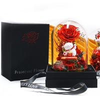TC Wholesale Dôme en verre rond de 21 cm avec une seule fleur naturelle, cadeau pour la Saint-Valentin, la fête des Mères, style chat porte-bonheur, ornement de rose préservée
