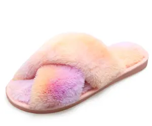 Lady Nieuwe Fashion Design Regenboog Faux Fur Indoor Slides Herfst Bont Schoenen Platform Bont Slippers