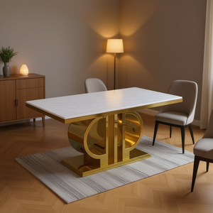 Tavolo da Pranzo Homeera con Piano in Marmo e Base in Metallo Dorato, Design Moderno Rettangolare, Set Completo per 4 Persone - Product Image 2