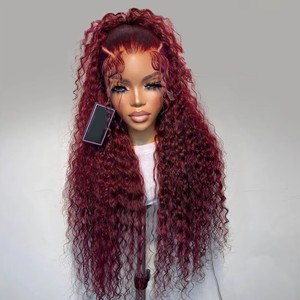 Vente en gros sans colle bordeaux vin rouge crépus bouclés cheveux humains dentelle frontale perruque vague d'eau tisse et perruques cheveux brésiliens péruviens - Product Image 6