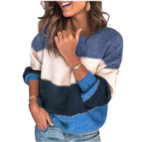 Pull midi décontracté EBAY pour l'hiver, polyvalent, à blocs de couleurs, rayé, à manches longues, col rond, coupe ample