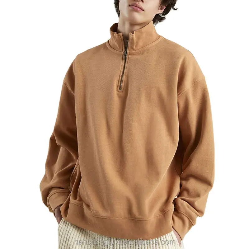 Mock Cổ Quá Khổ Nặng Hoodie 1/4 Zip Áo Thun 100% Cotton Đồng Bằng Quý Nửa Dây Kéo Cao Cổ Unisex Áo