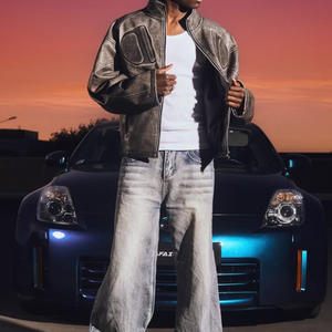 جاكيت رجالي كبير الحجم بسحاب من الجلد بتصميم عتيق مخصص ثلاثي الأبعاد بارز للهيب هوب وملابس الشارع - Product Image 3