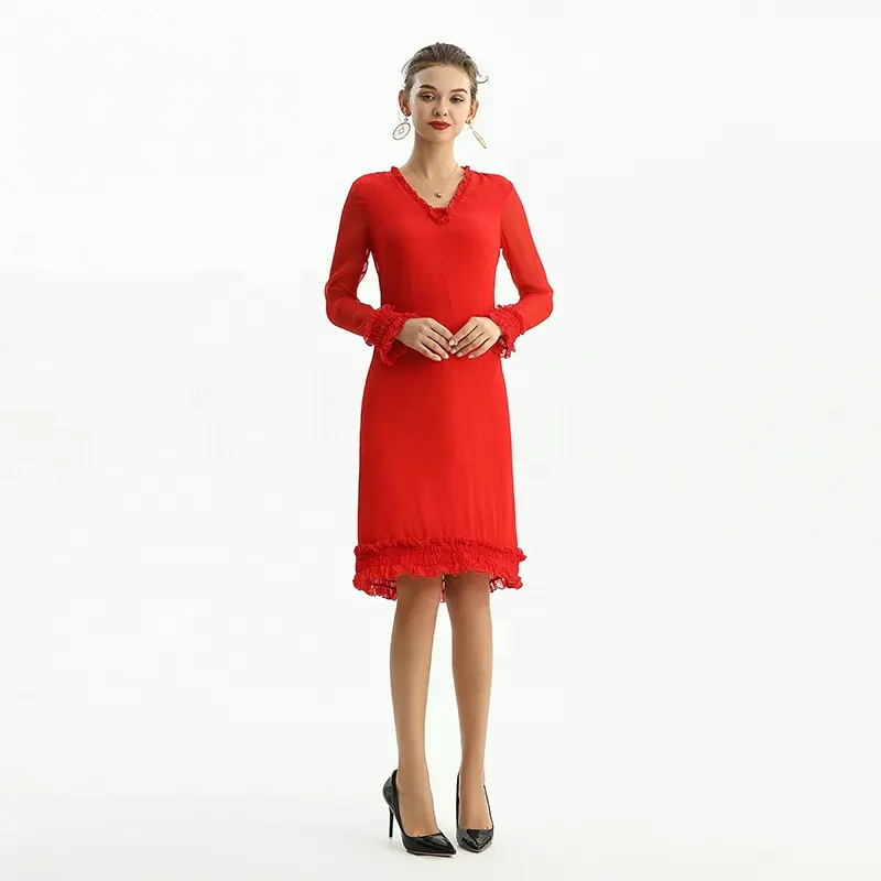 D099 <span class=keywords><strong>אדום</strong></span> שמלה באיכות גבוהה אופנה אלגנטית 100% משי ערב משרד פורמליות Vestidos נשים שמלות