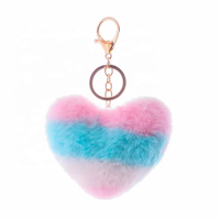 Porte-clés en fourrure colorée en gros pour femmes, porte-clés en peluche en forme de cœur, porte-clés arc-en-ciel en forme de cœur, porte-clés moelleux