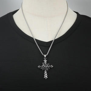 Stainless Steel <b>Cross</b> Pendant With Rose Design Silver Men's Necklace Fashion Jewelry Gift 19cm - Product Image 4