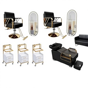 Modern <b>Barber</b> Shop Furniture <b>Set</b> Black Gold Hydraulic <b>Barber</b> Chair Shampoo Bed Salon Cabinet Complete Hair Salon Equipment - Product Image 1