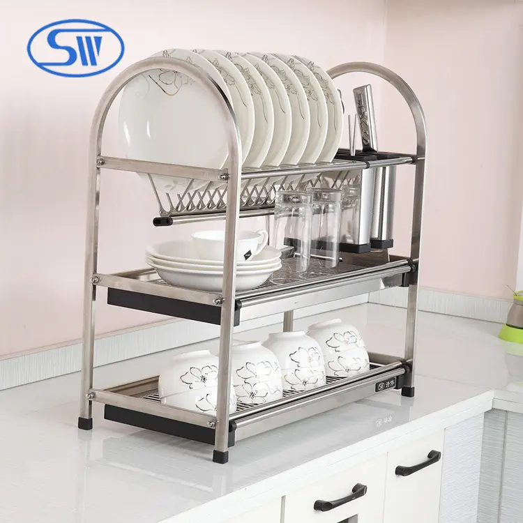 3 Tier Tavolo In Acciaio Inox-stile Combinato Piatto Asciugatrice Vassoio Rack Con Utensile Titolare