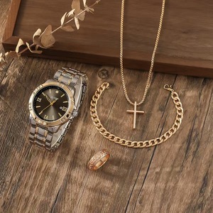 Set Promozionale 4 Pezzi da <span class=keywords><strong>Uomo</strong></span>, Nuova Collezione Estiva <span class=keywords><strong>di</strong></span> <span class=keywords><strong>Tendenza</strong></span>, Set Regalo con Orologio, Bracciale, Collana e Anello Placcati in Argento - Product Image 3