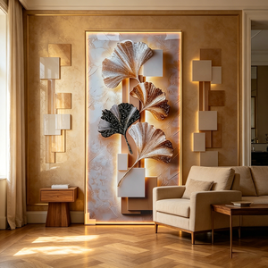 Pintura LED Vertical de Porcelana con Hojas de Ginkgo Doradas, Arte de Pared LED Abstracto para Entrada, Decoración del Hogar, Impresión HD Personalizada - Product Image 4