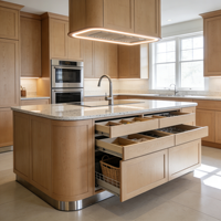 Cuisine contemporaine haut de gamme en U sur mesure avec four encastré, éclairage LED d'ambiance et rangement du sol au plafond