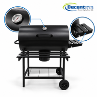 Barbecue au charbon de bois en forme de tonneau avec couvercle noir mat, thermomètre, étagère avant, table latérale, roues et bac à cendres