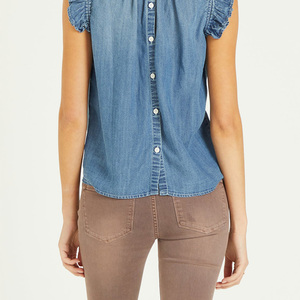 Camicette estive <span class=keywords><strong>senza</strong></span> <span class=keywords><strong>maniche</strong></span> da donna con colletto a balze e chiusura con bottoni a <span class=keywords><strong>maniche</strong></span> arricciate blusa blu Denim da donna - Product Image 5
