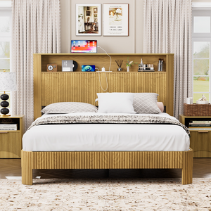 <b>Queen</b> <b>Size</b> Adjustable <b>Bed</b> Frame Storage Headboard Built-in Charging Station Wavy Curved Lines Modern Minimalist - Product Image 2
