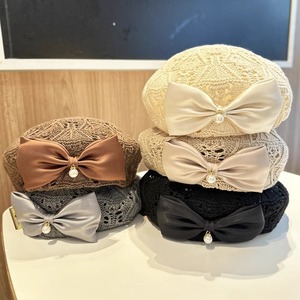 Gorro de <span class=keywords><strong>boina</strong></span> de mujer <span class=keywords><strong>a</strong></span> la moda con lazo y perlas, sombrero de verano calado, gorra holgada de ganchillo estilo artista francés - Product Image 4