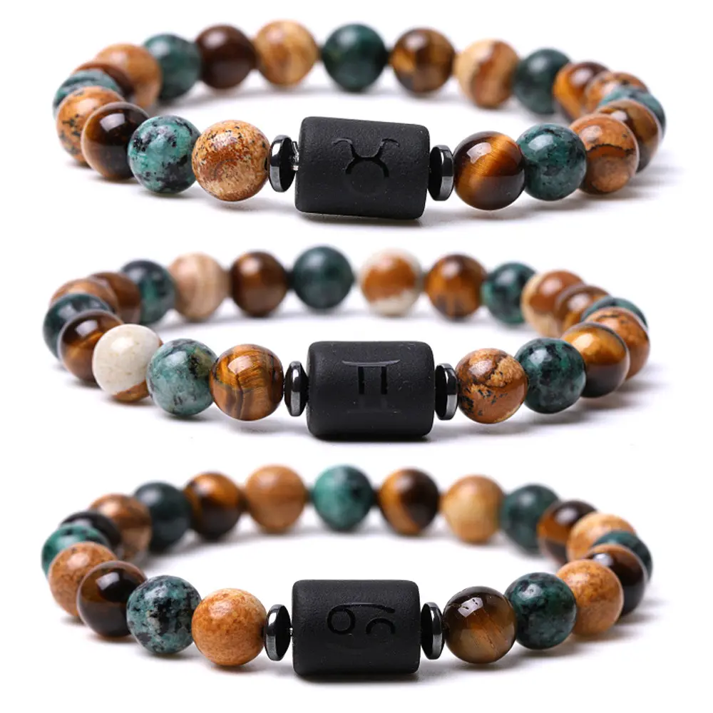 Natural stone crystal twelve constellations series African pine picture stone tiger eye stone mixed beaded braided bracelet