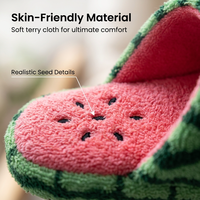 Pantoufles en peluche mignonnes en forme de pastèque, pantoufles d'intérieur douillettes en forme de fruit, détails de graines roses, antidérapantes, pour l'hiver, logo personnalisé