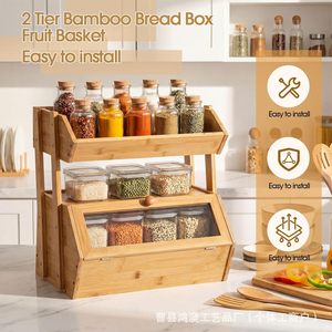 Boîte à pain en bambou Hong'ao à double couche avec tiroir, étagère de rangement pour fruits et légumes, organisateur de cuisine, couleur bois naturel - Product Image 4