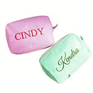 Bolsa de Aseo de Algodón a Rayas Bordada Personalizada, Estilo Europeo Retro, Expandible, Plegable, Ligera, Duradera y Portátil para Maquillaje - Product Image 1