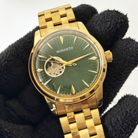 Montre mécanique pour homme tendance, boîtier doré poli brillant, cadran décoratif vert, bracelet tout en métal doré, montre décontractée pour homme
