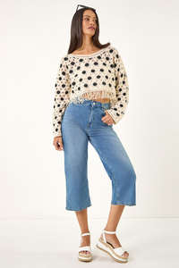 Women's Casual <strong>Cropped</strong> Long Sleeve Crewneck Soft Pullover Sweater Top Solid Color Stone Dusk with <strong>Crochet</strong> Tassel Hem <strong>Jumper</strong> - Product Image 2