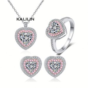 Juego de Joyería de Circonio Fino al por Mayor para Mujer - Juego de Anillo, Collar y Aretes con Baño de Rodio en Forma de Corazón para Compromiso, Aniversario o Fiesta - Product Image 1