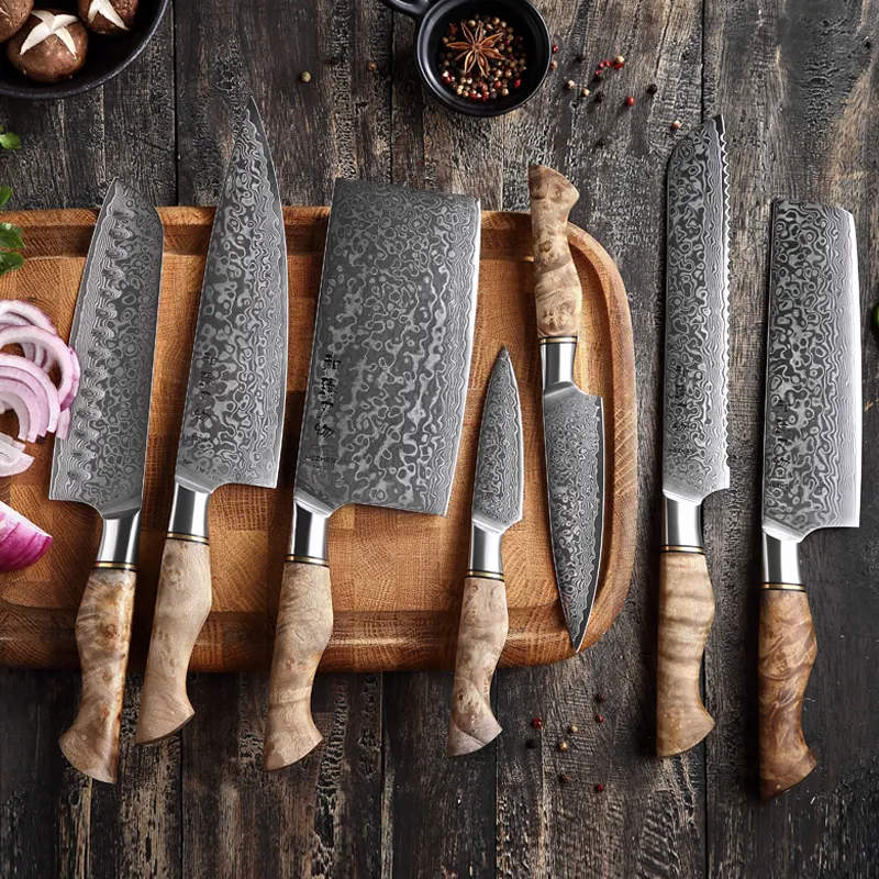 HEZHEN Vendita Calda Morden Lusso Damasco Coltelli in acciaio 7 pcs set di coltelli da cucina con manico in legno di sicomoro figurato
