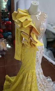 2024 Unique mélange couleur une épaule robes de bal paillettes dentelle appliquebijou volants fille africaine soirée robe sirène - Product Image 4
