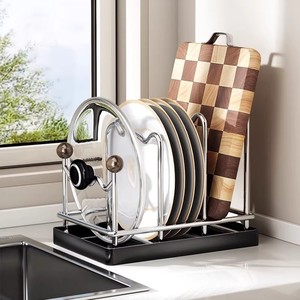 Kitchen Pot Lid Rack With Tray Square Countertop Cutting Board Holder Drainer Multi Functional Storage Rack - Product Image 3