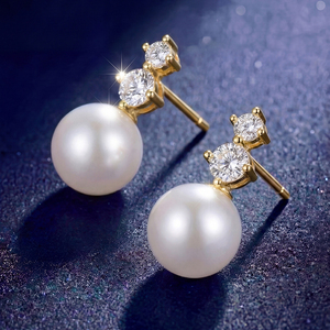 Copper 18K <b>Gold</b> Plated Double CZ White Pearl Drop <b>Earrings</b> for Women Round Zircon <b>Dangle</b> Pearl Stud Jewelry Bridal Gift - Product Image 3
