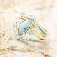 Vente chaude Personnalisé Style Occidental Turquoise Pierre Anneau Vintage Longue Turquoise Anneau Pour Les Femmes