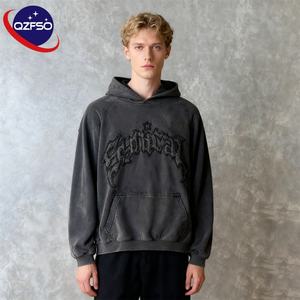 QZFSO français éponge lâche 500 Gsm personnalisé en détresse brodé Applique lavé à l'acide graphique goutte épaule lourd à capuche - Product Image 1