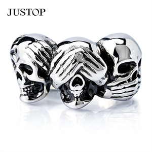 Bague de cocktail punk squelette pour homme JUSTOP, en acier inoxydable plaqué argent antique avec pierre onyx noir, bijou de fête - Product Image 6