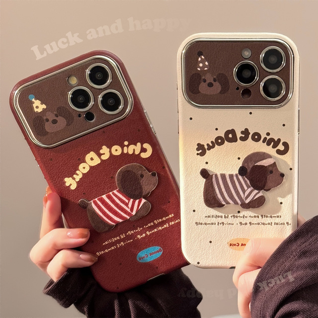 Large Window Phone Covers 3D Cute Cartoon Couple Puppy Design Phone Shell for iPhone 15 16 Pro Max Leather Phone Case