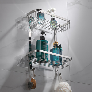 Étagère de douche murale à 2 niveaux en acier inoxydable, finition chromée, rangement gain de place avec crochets - Product Image 4