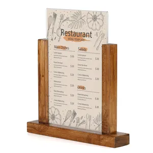 Aangepaste A1 A2 A3 A4 A5 A6 Houten Menu Stand Desktop Menu Houder Met Acryl Restaurant Tafel Top Menu Display