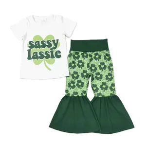 Rts Baby Meisjes Peuter St Patrick Dag Lente Korte Mouw T-Shirt Bell Broek Groene Kleur Quatrefoil Boetiek Outfits Kleding Sets