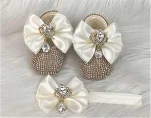 Zapatos de niña personalizados de alta calidad, calzado moderno de lujo con joyería brillante, oro blanco, 0 a 12 meses, para bebé y banda para el pelo