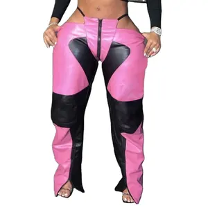 2024 European And American Contrast Color Low Waist Straight Split Pink Patchwork Pu Leather Pants