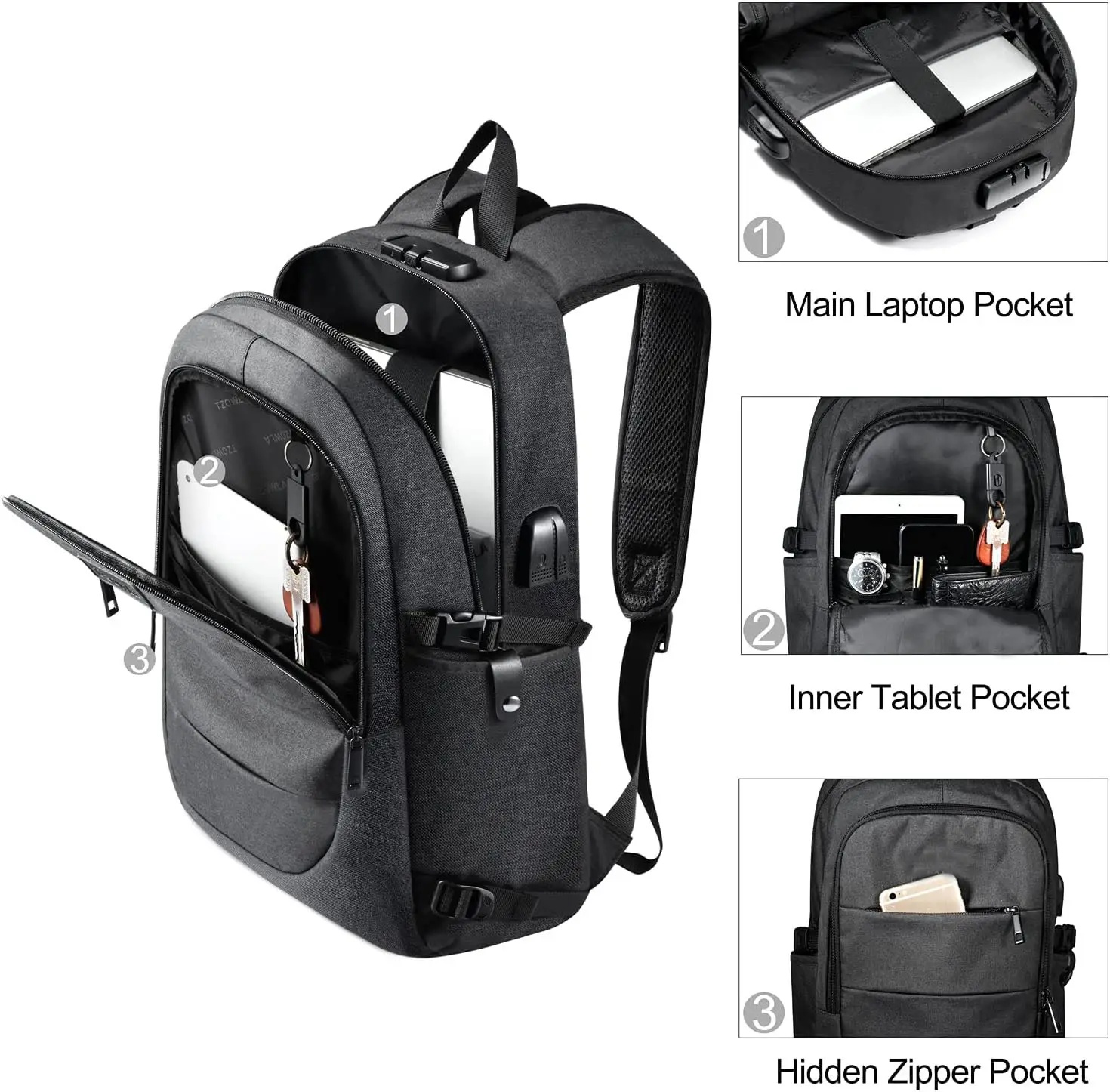 Custom Travel Laptop Backpack Water Resistant Anti-Theft Bag With USB Charging Port And Lock