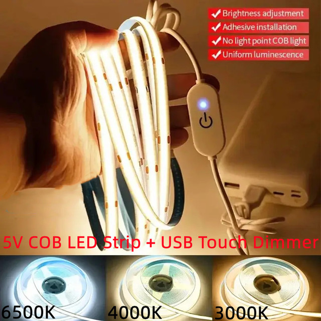 5V COB LED Strip + USB Touch Dimmer Set 8mm 320LED/M High Density Dimmable Led Tape for TV Mirror PC Backlight Wall Decor Lights