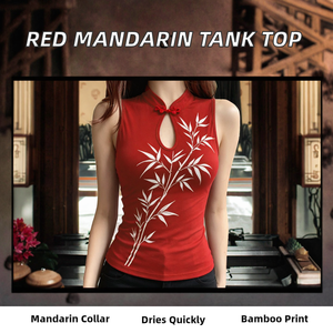Nuevo Estilo 2026: Blusas sin Mangas Rojas con Estampado para Mujer, Cuello Mandarín Retro, Escote con Abertura, Ajuste Delgado, Tejido de Punto con Botones Delanteros - Product Image 2