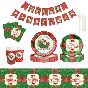 DAMAI Merry Christmas Party Supplies Christmas <b>Red</b> and Green Decorations Include <b>Paper</b> Plate Cups Napkins for Christmas Party - Product Image 1