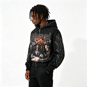 2026 480gsm Washed Black Gothic Crystal Flame Sleeve Skull <strong>War</strong> Table Map Boxy Crop Zip up <strong>Hoodie</strong> Mens - Product Image 3
